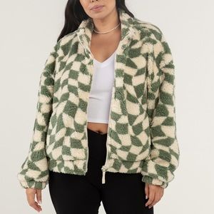 Green and cream checkered Sherpa Jacket